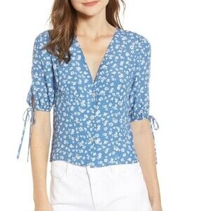 Rails Amelia Tie Sleeve V Neck Blouse Blue Daisies L Large